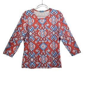 J. McLaughlin Coral Blue Size M Catalina Cloth Carly Ikat 3/4 Sleeve Stretch Top
